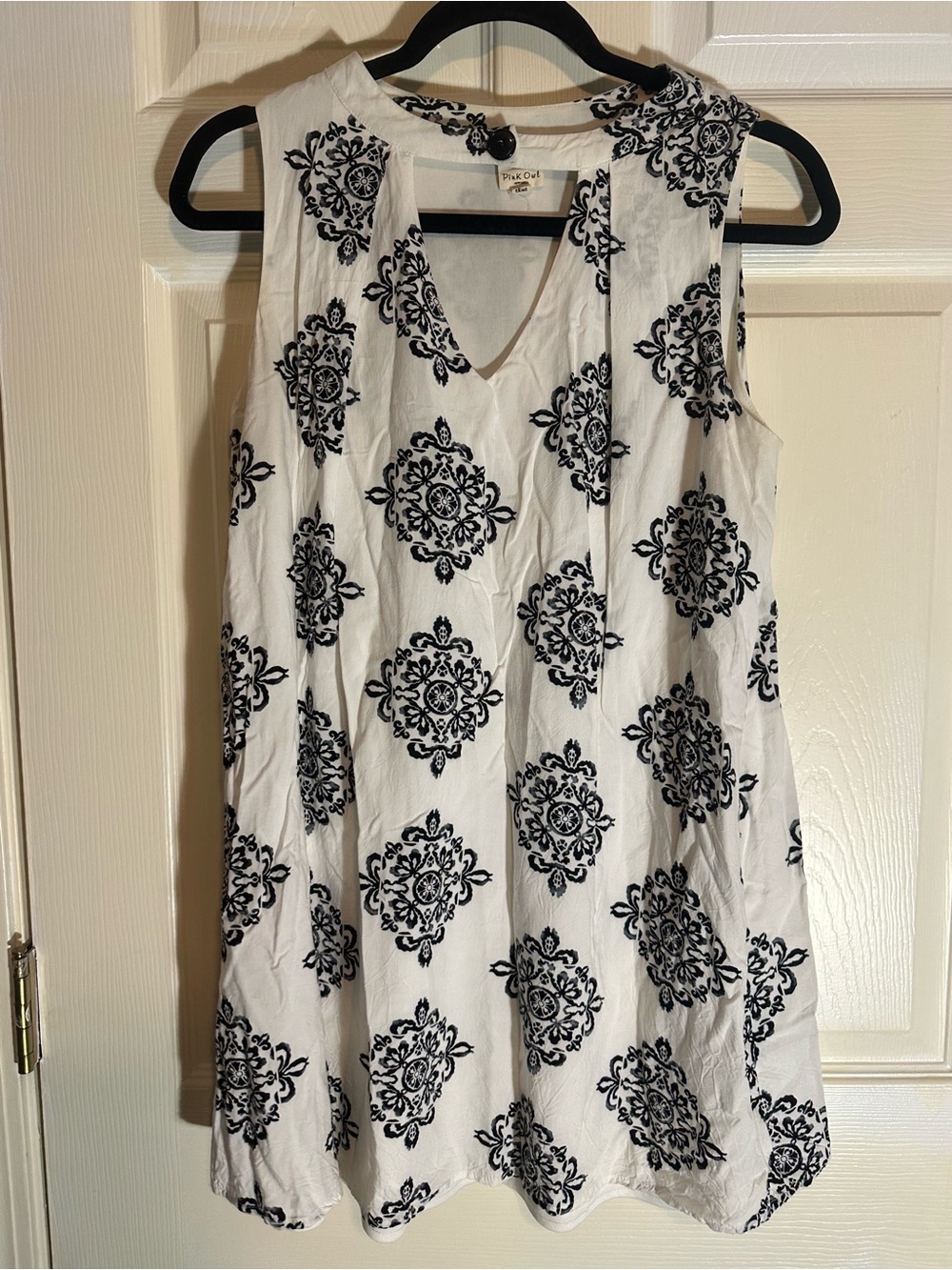 Pink Owl White Sleeveless Mini Dress with Black Medallion Print